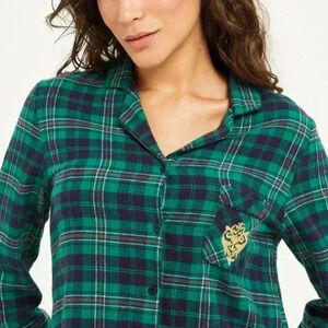 Ralph Lauren black label tartan plaid green pajama top cotton blend petite L